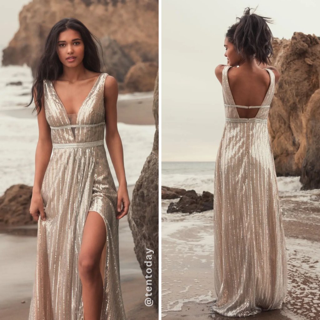 Mac Duggal Size 6 Nude Silver Sequined V-Neck Sleeveless Long Maxi Gown Dress